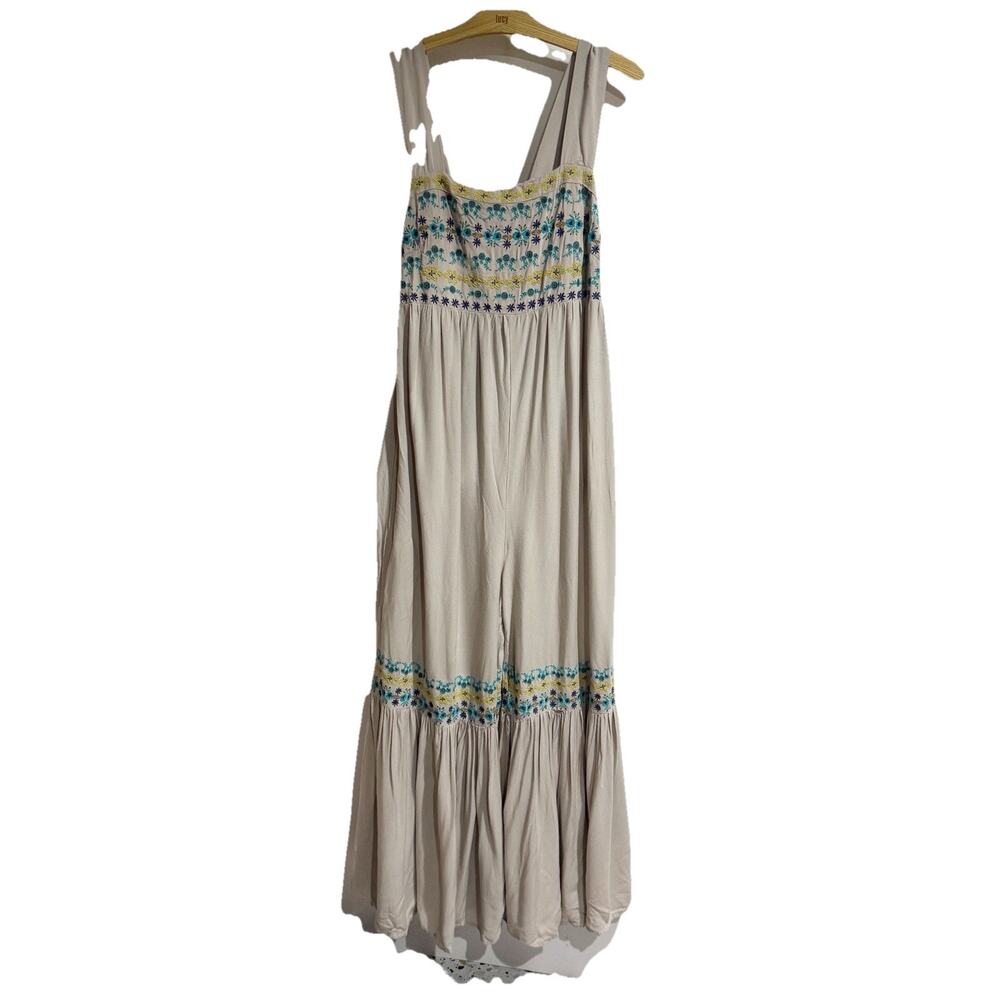 Natural Life Women XL Gray Embroidered Jumpsuit Wide Leg Bellbottom Sleeveless